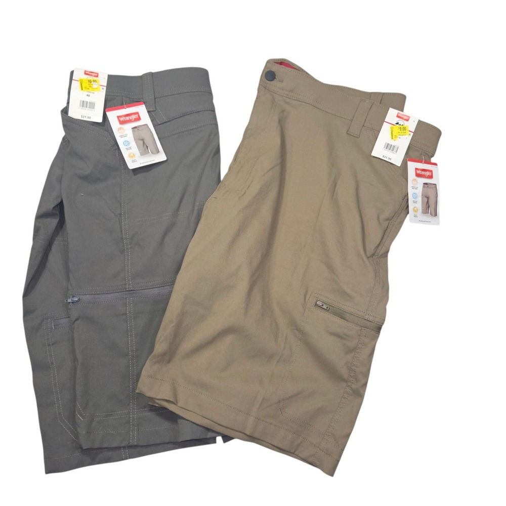 Wrangler NWT Performance Zip Cargo Shorts Bundle Grey Khaki Sz 46